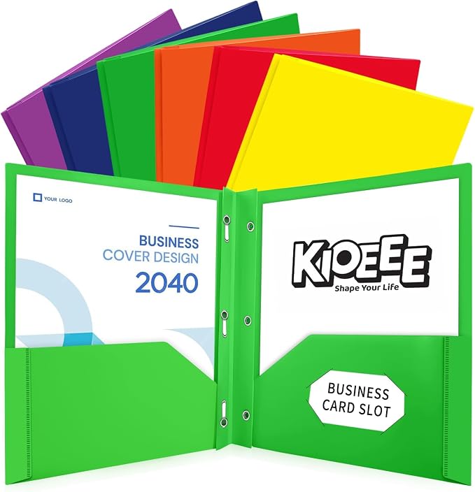 Plastic Folders with Pockets and Prongs (6 Pack,Multi-Colored),Fit Letter Size Paper,Business Card Slot,2-Pocket Folder for School Office or Home,Durable Acid-Free Poly,Back to School Supplies by KIOEEE