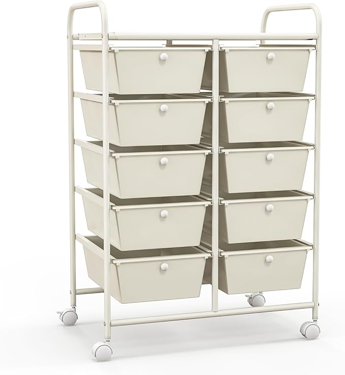 COSTWAY 10 Drawer Rolling Storage Cart, Utility Cart with Lockable Wheels | Mobile Art Supply Craft Organizer with Metal Frame, Multipurpose Drawer Cart for Paper for Office, School, White by COSTWAY
