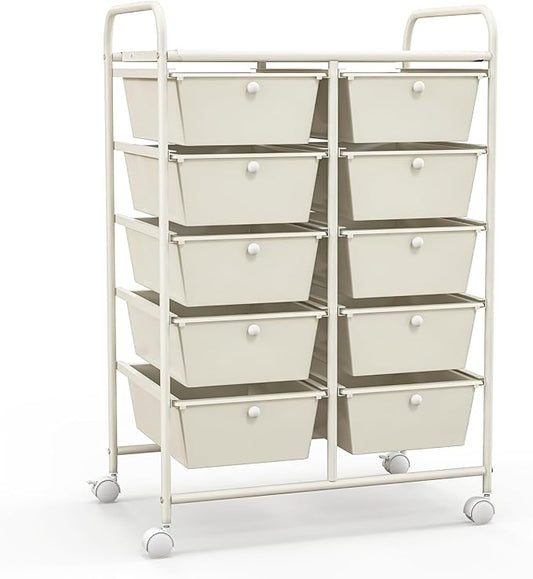 COSTWAY 10 Drawer Rolling Storage Cart, Utility Cart with Lockable Wheels | Mobile Art Supply Craft Organizer with Metal Frame, Multipurpose Drawer Cart for Paper for Office, School, White by COSTWAY