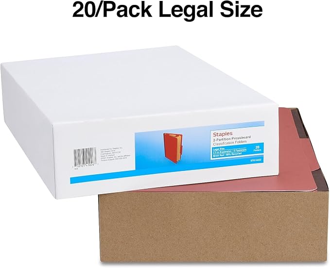 Staples Pressboard Classification Folders, Legal Size, 2‑Dividers, 2.5" Expansion, Brick Red, Heavy‑Duty Construction – 40/Carton - Image 3