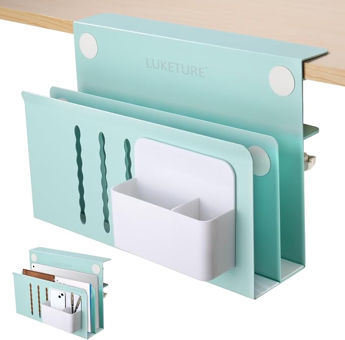 LUKETURE Desk Side Storage, 2 Tie Laptop Holder No Drill Clamp On Organizer | Steel Side Desk Organizer, Clamp on Laptop Mount with Pen Holder, Hanging Storage for Home Office, Fits 0.3" to 2.8" by LUKETURE
