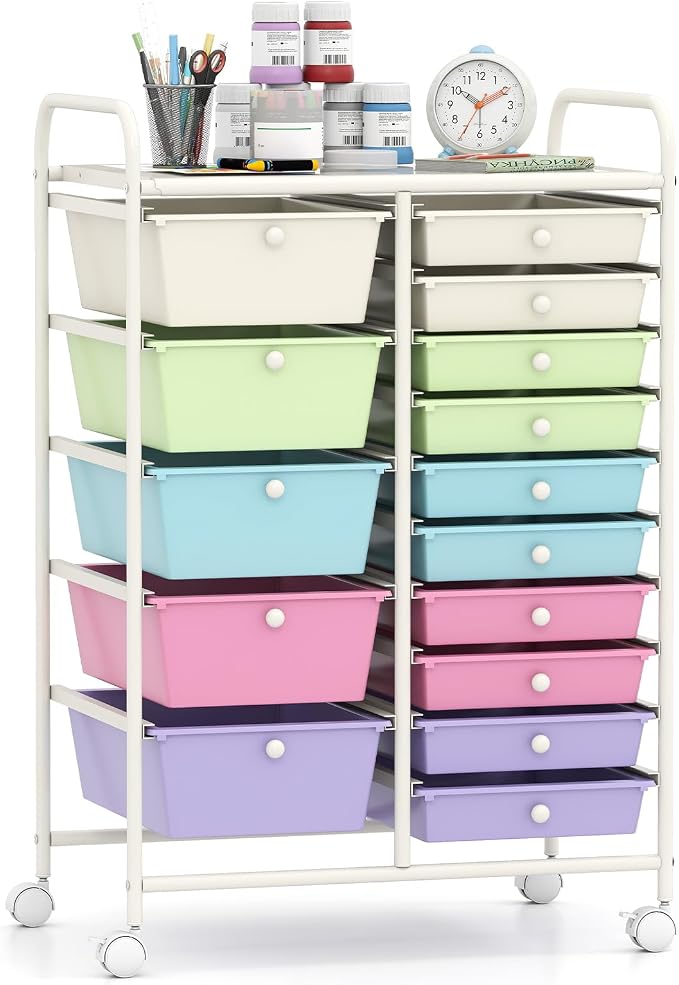Giantex 15 Drawer Rolling Cart with Drawers, Storage Organizer Cart for Classroom Office School Teacher, Mobile Drawer Cart for Tools, Crafts, Small Printer, Paper, Pastel Ice Cream by Giantex