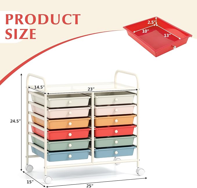 GOFLAME 12-Drawer Rolling Storage Cart, Multifunctional Art Craft Organizer Cart, Mobile Utility Storage Cart with Removable Drawers & Lockable Wheels, Craft Cart for Home Office School, Macaron Color - Image 3