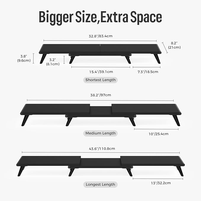 loukin Dual Monitor Stand Riser for Desk, 43.6"×8.2" Computer Stand, Black | Supports 22 lb, No Installation Required, Water-Resistant Surface, Fits Laptops and Printers, Ergonomic Design - Image 4