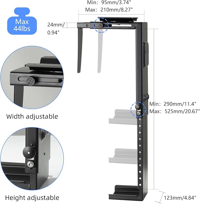 Pholiten Under Desk CPU Mount, 3.94 to 11.61" Wide, Max Load 44Lbs | Universal PC Wall Mount, Adjustable 360 Swivel, Secure Lock - Image 2