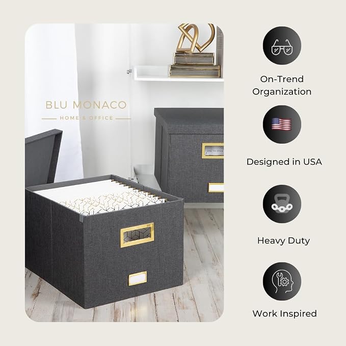 BLU MONACO | Desktop Hanging File Organizer Box with Lid | Hanging File Organizer for Desk in Grey Linen | File Bins with Lids for School and Office Storage - Image 2