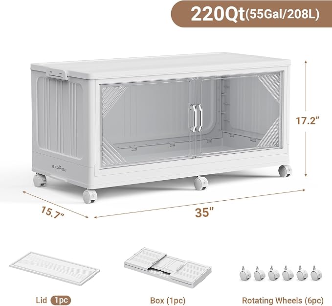 BROVIEW V60 220QT Plastic Stackable Storage Bins with Lid, 1Pack White | 55Gal Extra Large Closet Organizers Collapsible Cabinets Boxes With Drawer, Foldable Container with 6x Wheels for Home - Image 2