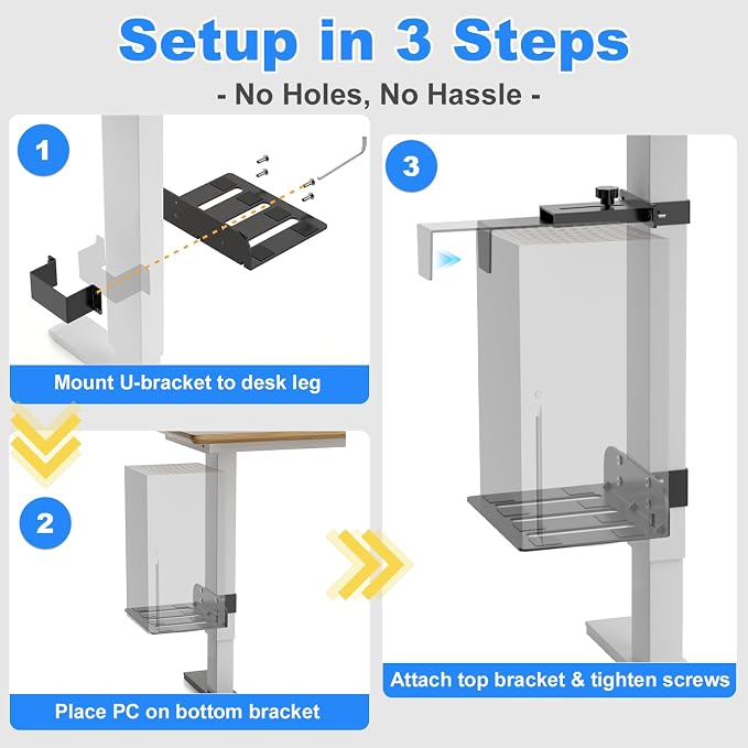 Under Desk PC Mount - Fits 3 Fixed Square Desk Legs, CPU Holder Under Desk | No Drilling 50 lb Capacity, Adjustable Clamp-on Desk Leg PC Mount for Standing Desk, with Non-Slip Pads, Black - Image 7