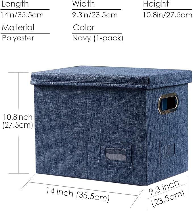 File Organizer Box - Set of 1 Collapsible Decorative Linen Filing Storage Hanging File Folders with Lids Office Cabinet Letter Size Navy Blue (14x9.3x10.8 inch) - Image 8