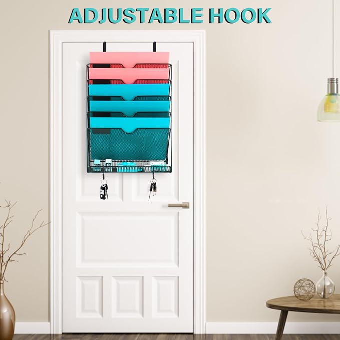 Wall File Organizer, 10 Pockets and 6 Pockets Mesh Hanging File Organizer, Wall Mount File Holder With Hooks, Wall Organizer Magazine Rack for Office Supplies - Image 9