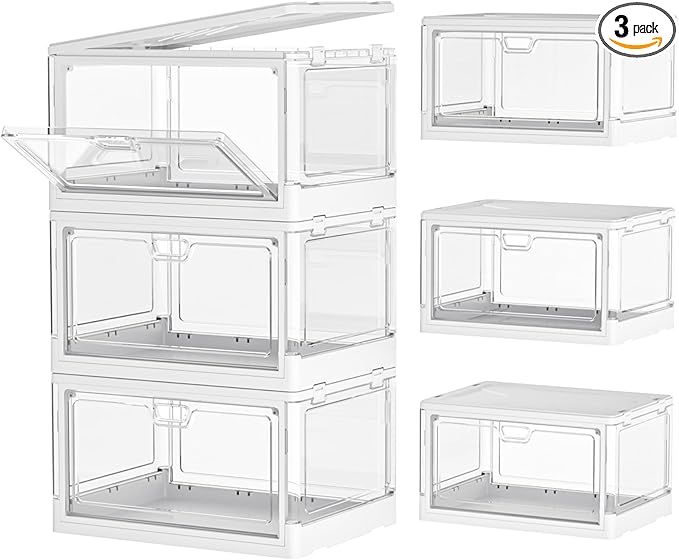 Kmiectse Clear Storage Bins with Lids 3 Pack 【Stackable & Sturdy】 | Plastic Multifunctional Folding Storage Bins for Bedroom, Living Room, Study,Room, 23 QT Folding Box with Magnetic Door by Kmiectse
