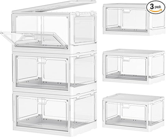 Kmiectse Clear Storage Bins with Lids 3 Pack 【Stackable & Sturdy】 | Plastic Multifunctional Folding Storage Bins for Bedroom, Living Room, Study,Room, 23 QT Folding Box with Magnetic Door by Kmiectse