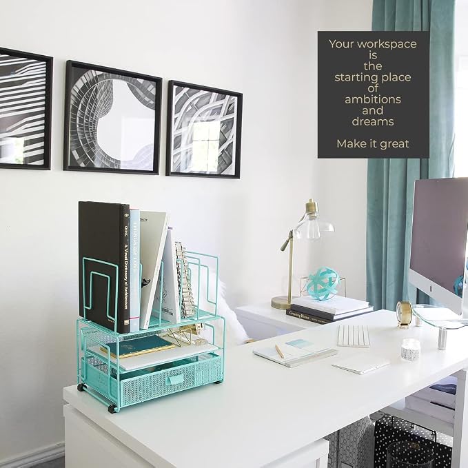 BLU MONACO Mint Green Desk Organizer With File Sorters and Drawer | Metal Mesh Desktop Storage for Office Supplies, Papers, Devices and Folders | 9.3”D x 12.5”W x 14”H All-In-One Workspace Holder - Image 2