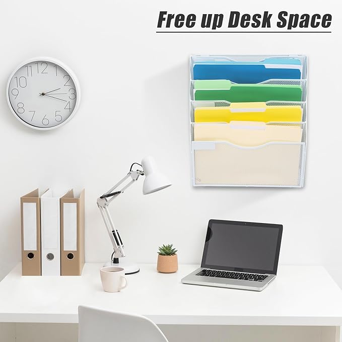 5 Pocket Mesh Hanging Wall File Organizer, Wall Mounted Mail Paper Document Folder Holder, Clipboard Storage Organization Magazine Rack with Nametag Label for Office Home School, White - Image 5