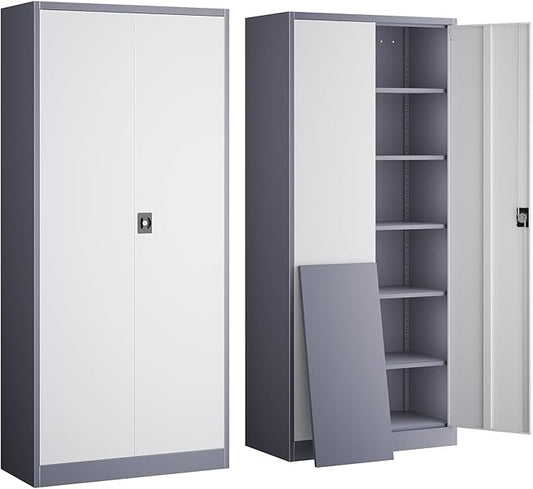 Yizosh Metal Garage Storage Cabinet with Lock, 71" Locking Tool Cabinet with 2 Doors and 5 Shelves, Tall Steel Cabinet for Garage, Heavy Duty File Cabinet for Office, School (Gray White)