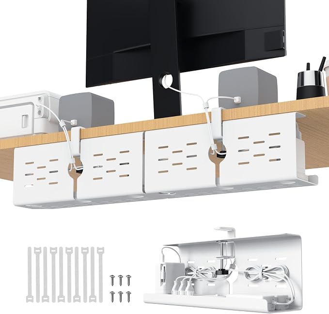 KEEGH 16 in Under Desk Cable Management Tray, Metal Cord Organizer, 2 Pack | No Drill Clamp Mount, Upgrade Capacity, Cord Management Tray for Home Office, Gaming Desk, Standing Desk, White by KEEGH