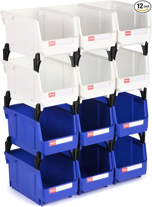 12 Packs Stackable Storage Bins, 7" x 5" x 4" Parts Bin, | Plastic Parts Organizer Bins, for Garage, Warehouse, Workbench, Hardware & Office by Shineyaplus