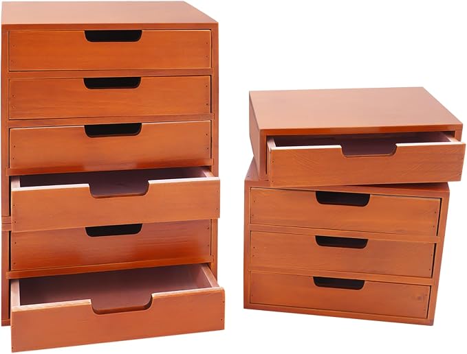 4-Piece Wood Drawer Cabinet Set, Desktop Storage Organizers, 10-Drawer Tabletop Storage Organizer, Desktop Wood Stackable Drawer Cabinet for Home Office Dormitory(Brown) - Image 8