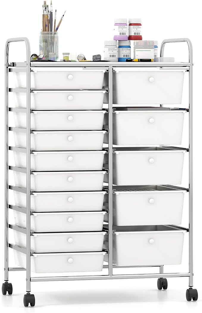 Giantex 15 Drawer Rolling Cart with Drawers, Storage Organizer Cart for Classroom Office School Teacher, Mobile Drawer Cart for Tools, Crafts, Small Printer, Ivory by Giantex