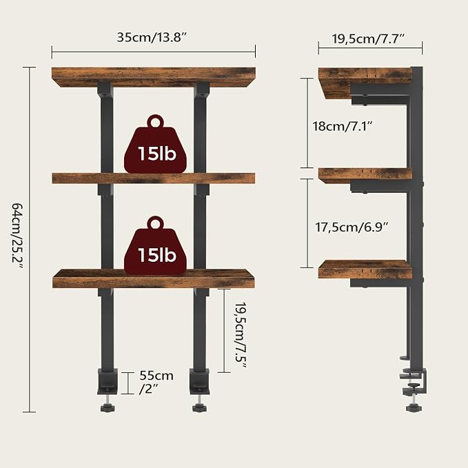 MAHANCRIS Clamp On Desk Organizer, 3-Tier Desktop Bookshelf, Adjustable Desk Storage Shelf, Metal Frame, for Office, Study and Game Room, Rustic Brown DSHR3601 - Image 3
