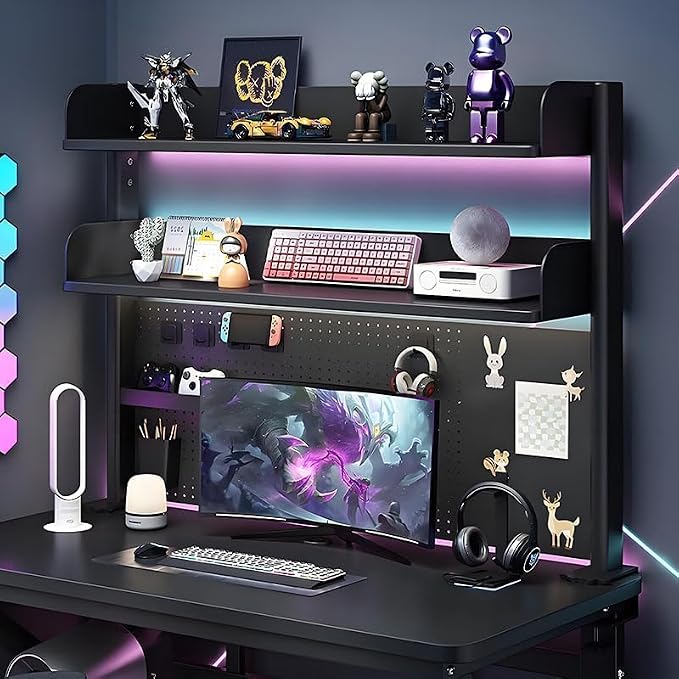Clamp On Desk Pegboard Shelf - Metal Desktop Organizer Hutch with 2 Shelves | Storage and Display, Desk Add-On Shelf for Office, Dorm Room, Bedroom, Black, 31.4In - Image 5