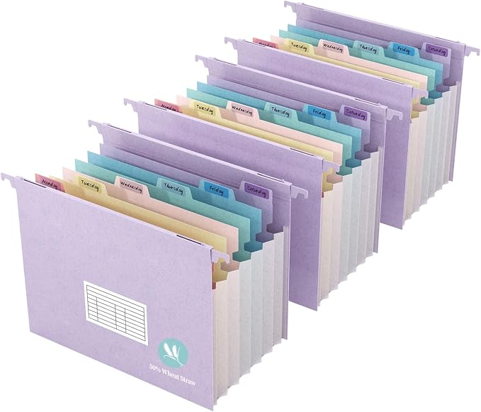 Expanding Hanging File Folders for Filing Cabinet, 7 Accordion Pockets, 1.2'' Expandable, Multi-Color Tabs, Letter Size, 50% Wheat Straw, 3 Pack (Lavender) by Tbay