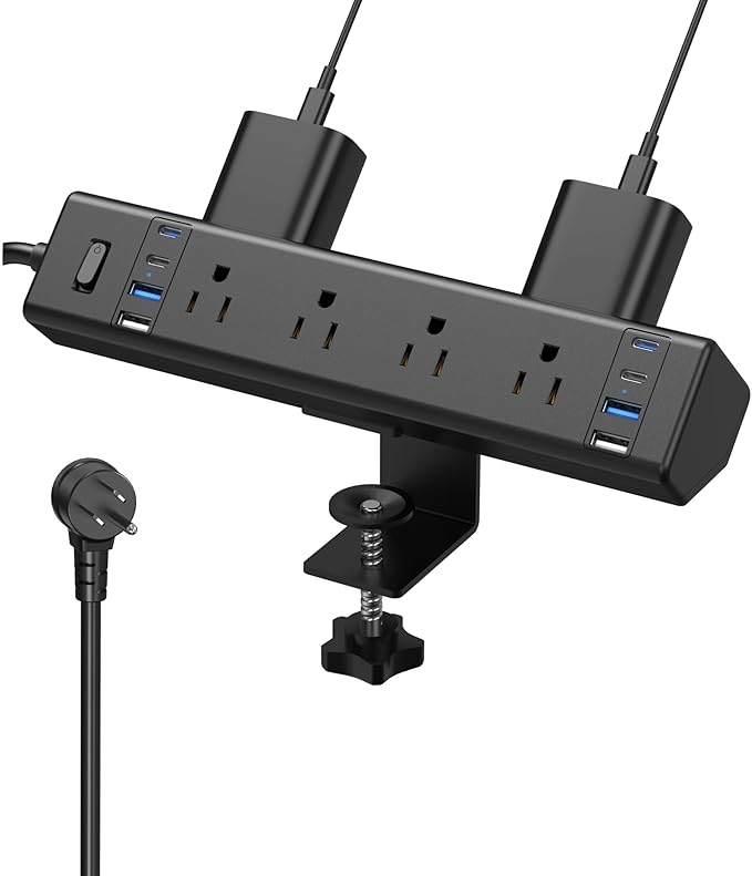 VILONG Desk Clamp Power Strip, Edge Mount, 8AC, 8USB (4 USB-C), 1200J | 40W Fast Charging Station, 10FT 14AWG Cord, Fits 1.9" Desk Edge, Home Office Workstation, Black, ETL Listed by VILONG