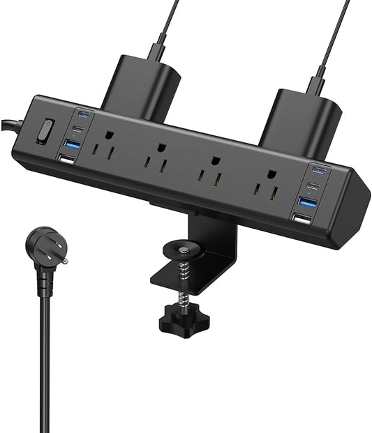 VILONG Desk Clamp Power Strip, Edge Mount, 8AC, 8USB (4 USB-C), 1200J | 40W Fast Charging Station, 10FT 14AWG Cord, Fits 1.9" Desk Edge, Home Office Workstation, Black, ETL Listed by VILONG