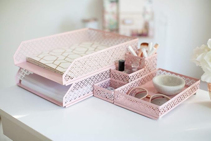 BLU MONACO | Pink Desk Organizer Set for Women 6 Piece | Mail Sorter Organizer Countertop with Letter Trays | Standing File Organizer with Mesh Pen Holders - Image 5