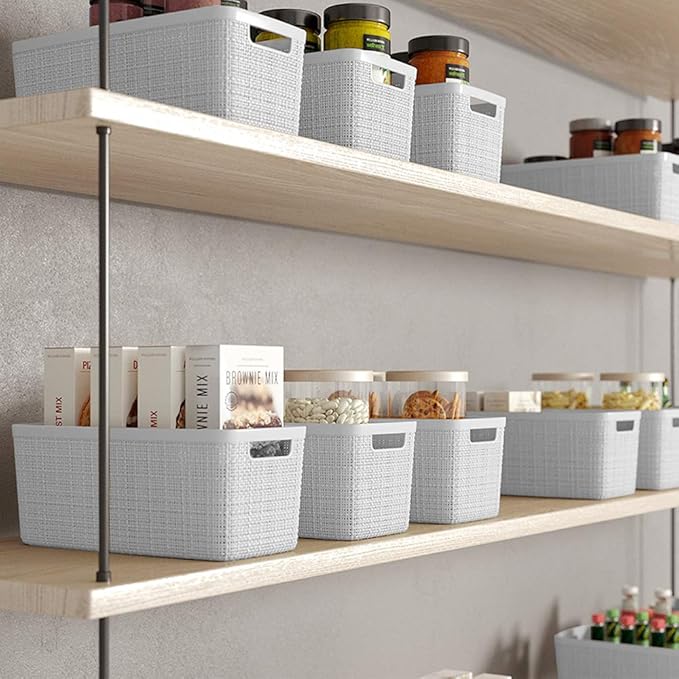 Curver Set of 8 Slim 6.8L Jute Decorative Plastic Organization and Storage Baskets - Perfect Bins for Home Office, Closet Shelves, Kitchen Pantry and All Bedroom Essentials, White - Image 5