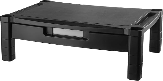 Kantek Wide Deluxe Two-Level Monitor Stand With Drawer, 20" X 13.25" X 3" To 6.5", Black, Supports 50 Lbs by Kantek