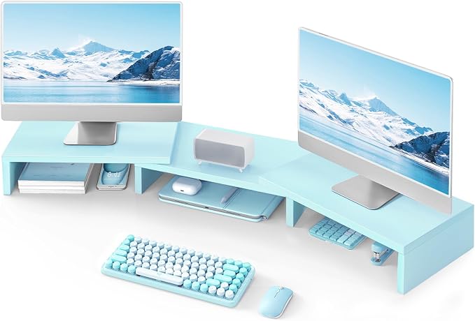TAVR Dual Monitor Stand Riser, Wooden Computer Monitor Stand for 2 Monitors | Extra Long Multifunctional Desktop Organizer Riser for TV, PC Monitor, Laptop, Printer, Max 43.3" Length, Blue by TAVRFurniture