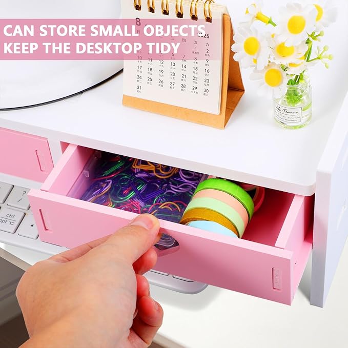 Pink Monitor Riser, Space-Saving Elevated Stand with Smooth Edges for Keyboard Storage, Ergonomic Desktop Organizer for Home & Office, 19.29x7.48x3.93In - Image 5