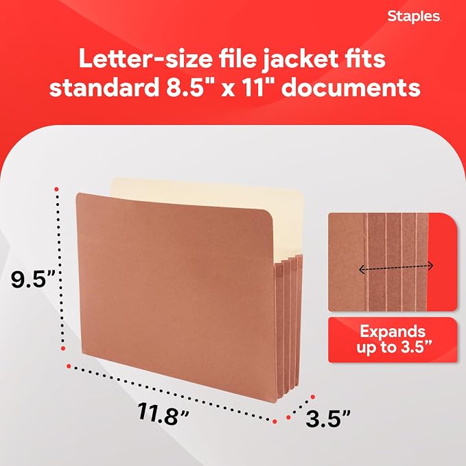Staples Reinforced File Pocket, 3.5" Expansion, Letter Size, Brown, 25/Box (ST418293) | Heavy-duty brown accordion files for bulky document organization. - Image 3