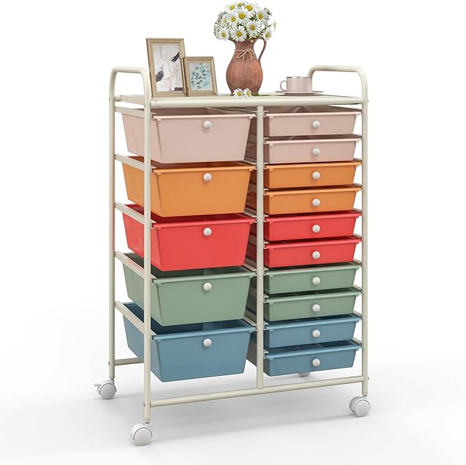 Giantex 15 Drawers Rolling Cart, Classroom Organizers, Storage Cart with Wheels, for Teacher Office Home School Supplies Tool Craft Art Paper by Giantex
