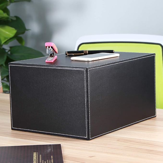 High-end PU Leather Desk Organizer File Cabinet Executive Office Supplies Desktop Filing A4 File Cabinet Stackable Storage Organizer Box with 3 Drawers (Black)… - Image 5