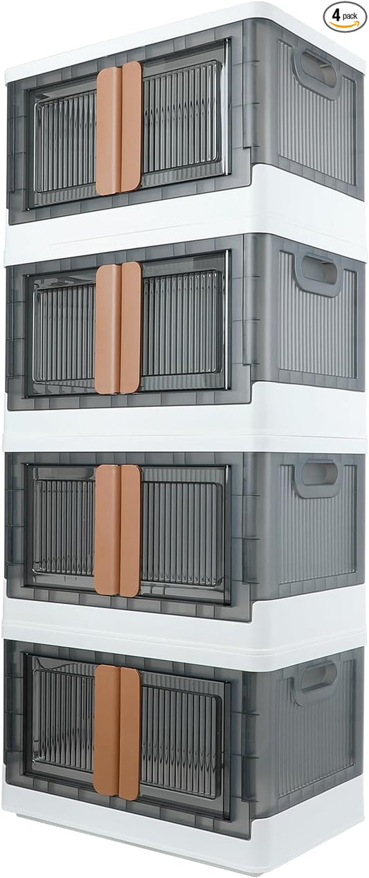 Storage Box, Plastic Cabinet, 8.4 Gallon (32L) Capacity (Each One), 4 Packs, Stackable Collapsible Drawer, with Door and Buckle, Organizer for Home and Office, Transparent by AssHMKITOfficial