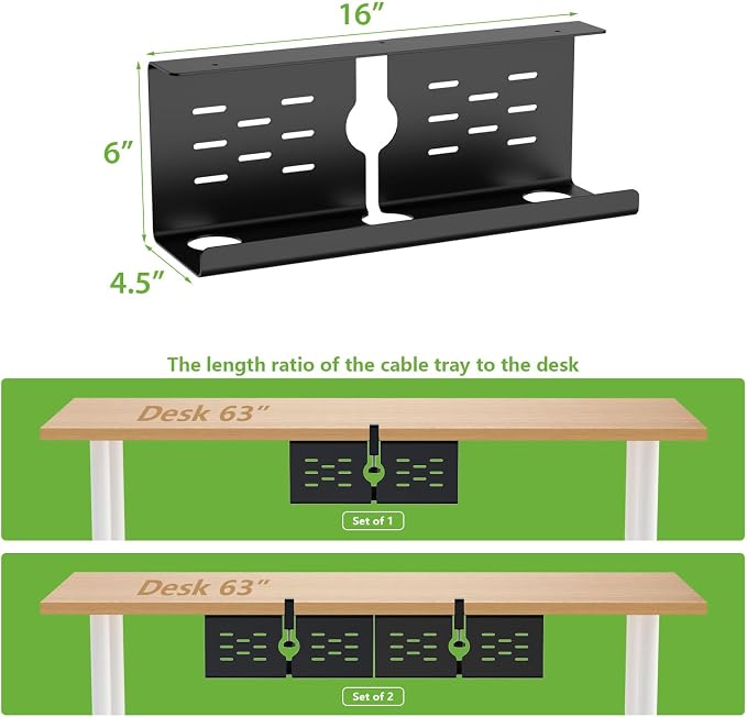 KEEGH 16 in Under Desk Cable Management Tray, Metal Cable Tary, 1 Pack | No-Drill Clamp Mount, Ventilation Holes, Cable Management Tray for Home Office, Gaming Desk, Standing Desk, Black - Image 5