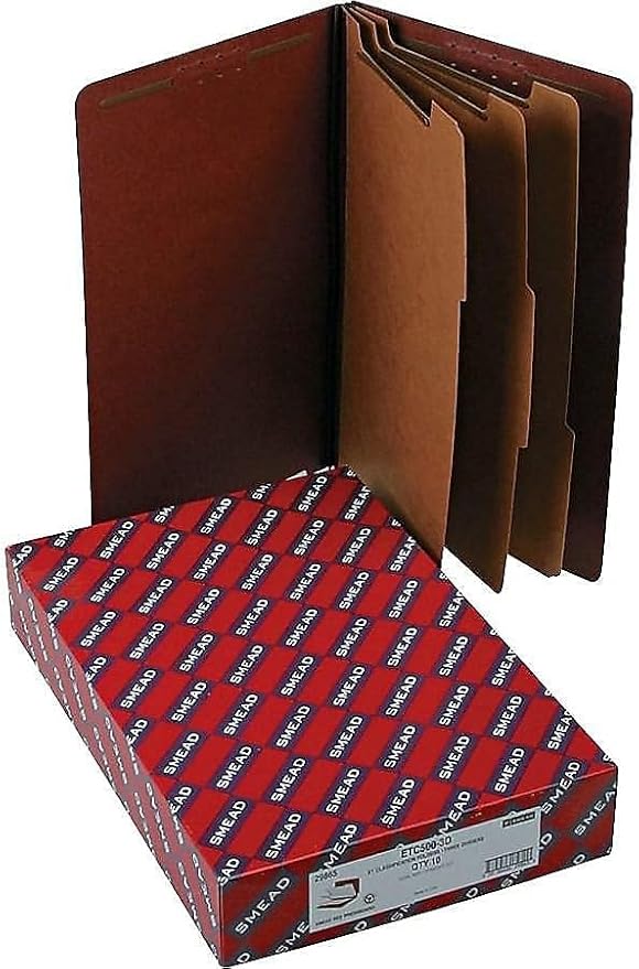 Smead 100% Recycled End Tab Pressboard Classification File Folder with SafeSHIELD Fasteners, 3 Dividers, 3" Expansion, Legal Size, Red, 10 per Box (29865) - Image 7
