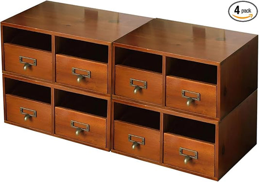 4-Pack Wide Wooden Desktop Drawer Organizer with Brass Label Holders - Horizontal Storage for Long Desks, Counters, Shelves, Stackable Card Catalog - Solid Wood Small Item Organizer for Office & Home by Woodaholic