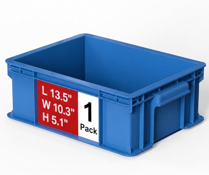 Heavy Duty Storage Bins, 1-Pack Stackable Tool Storage Box for Hardware, Screws, Nuts and Bolts, Space-Saving Straight Wall Container for Garage, Workshop & Factory, 13.5"L × 10.3"W× 5.1"H, Blue by Mudygelay