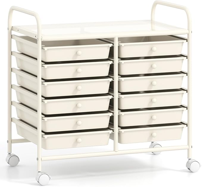 GOFLAME 12-Drawer Rolling Storage Cart, Multifunctional Art Craft Organizer Cart, Mobile Utility Storage Cart with Removable Drawers & Lockable Wheels, Craft Cart for Home Office School, White by GOFLAME