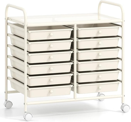 GOFLAME 12-Drawer Rolling Storage Cart, Multifunctional Art Craft Organizer Cart, Mobile Utility Storage Cart with Removable Drawers & Lockable Wheels, Craft Cart for Home Office School, White by GOFLAME