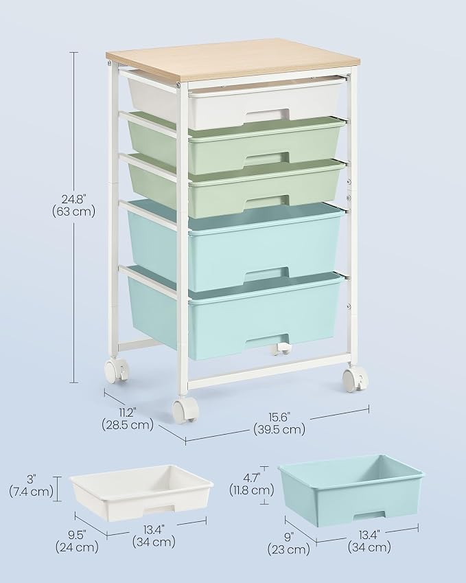 VASAGLE 5-Drawer Rolling Storage Cart, Mobile Organizer Trolley with Wood Top and Metal Frame, for Craft Room, Office, 15.6 x 11.2 x 24.8 inch, Green and White, Benco Collection ULRC005C101 - Image 3