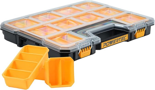 POWERTEC Small Parts Organizer & Tool Box – 20 Compartments, IP65 Water & Dust Protection, Stackable Storage with Interlocking Latch, Removable Bin, Dividers, Clear Lid, Portable Design (72366) by POWERTEC
