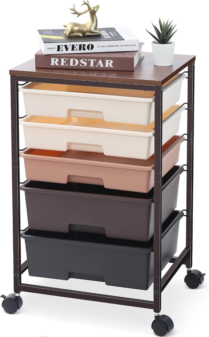SYKIARIOL Rolling Cart with Drawers, 5 Drawers Utility Cart, Dark Brown | 5-Tiers Storage Cart with Drawers with Lockable Wheels for Craft Organizers and Storage,Home Office,Classroom,Dorm,Playroom by SYKIARIOL