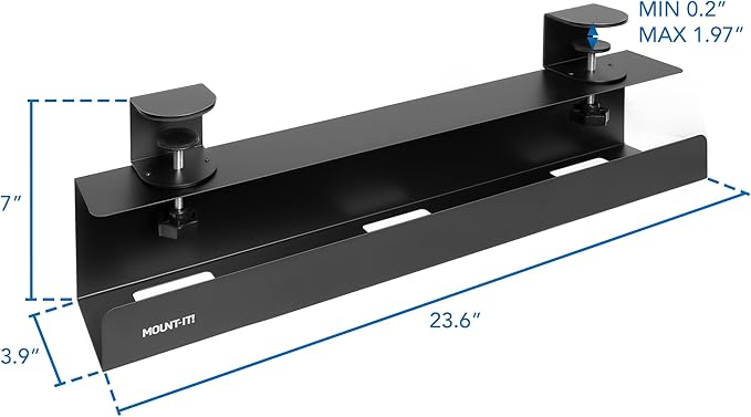 Mount-It! Under Desk Cable Management Tray – Clamp-On No-Drill Metal Cable Management Tray for Desk & Standing Desk, Wire & Cord Organizer for Power Strips, Glass Desks – 23.6” Black - Image 5