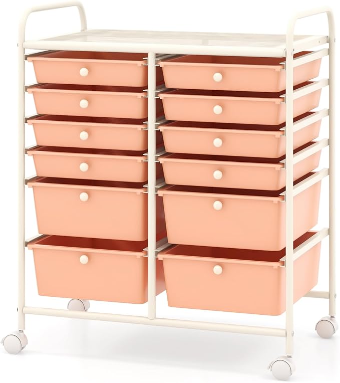 COSTWAY 12-Drawer Rolling Storage Cart, Moveable Art Craft Organizer | Lockable Wheels, Metal Shelf, Files Arrangement Tools Makeup Storage Cart for Office, Home, School (Peach) by COSTWAY