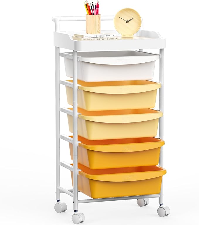 5 Drawers Plastic Rolling Storage Cart with Wheels, Teacher Supply | Orange, 32 inch, Skinny, Craft Art Organizer, Utility Cart, Home Office Bedroom Dorm Classroom Supply by Ollieroo