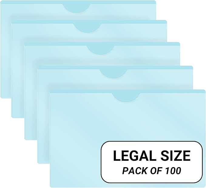 Doctor Stuff- 100 Pack, Vinyl Plastic Pocket File Folders Closed Sides, Legal Size, Clear Front Top Loading Job Jacket, Documents Holder for Office, High School and Medical Files, Light Blue by DoctorStuff